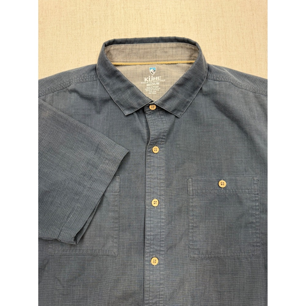 Kuhl Mens Short Sleeve Button Down Shirt Navy Blue Grid Outdoor Hiking Medium